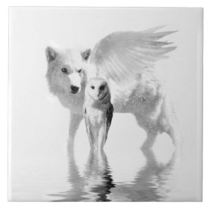 Flügeliger Wolf und Eule Fantasy Art Fliese