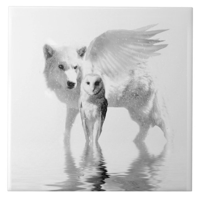 Flügeliger Wolf und Eule Fantasy Art Fliese (Vorderseite)