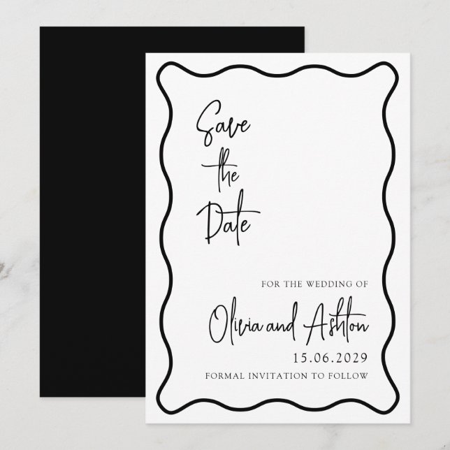 Flügelrahmen, gewellter Rahmen, modern, schwarz un Save The Date (Vorne/Hinten)