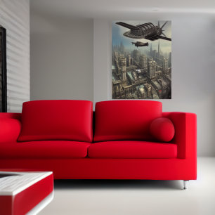 Flugmaschine über ein Dieselpunk ci  AI Art Poster