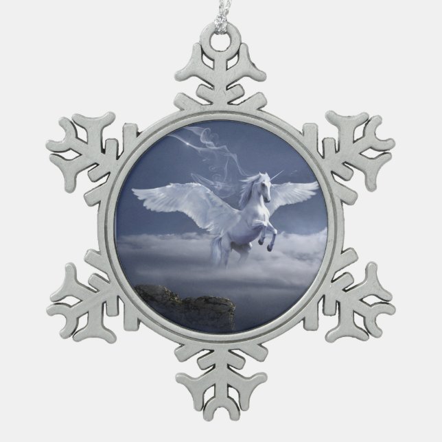 Flugpegasus Schneeflocken Zinn-Ornament (Vorderseite)