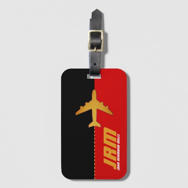 Flugreise mit Monogramm rot/schwarz Gepäckanhänger (Vorderseite Vertikal)