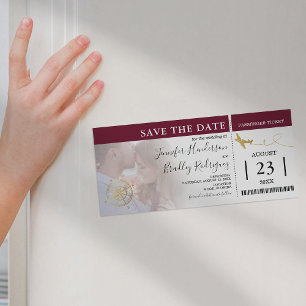 Flugticket   Burgunderrot Save-the-Date-Foto Magneteinladung