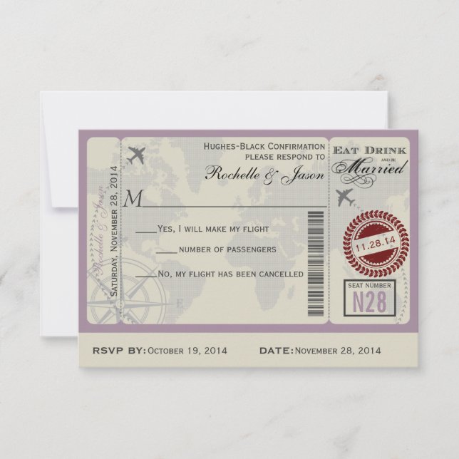 Flugticket Hochzeitsszenario RSVP Karte (Vorderseite)
