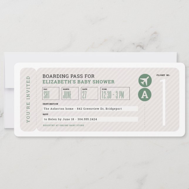 Flugticket Thema neutrale Babydusche Einladung (Vorderseite)