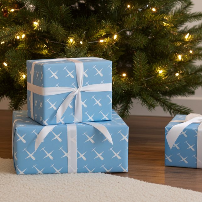 Flugzeug auf blauem, elegantem Muster Pilot Geburt Geschenkpapier (Airplane wrapping paper)