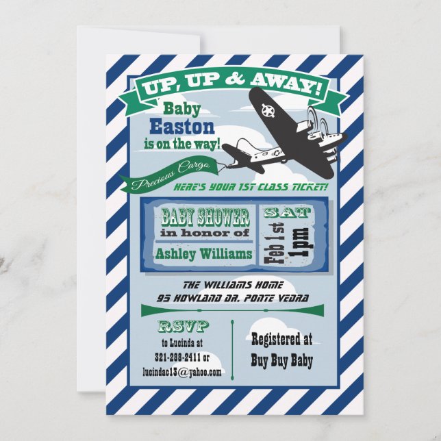 Flugzeug Baby Dusche Einladung Ticket CUSTOM (Vorderseite)