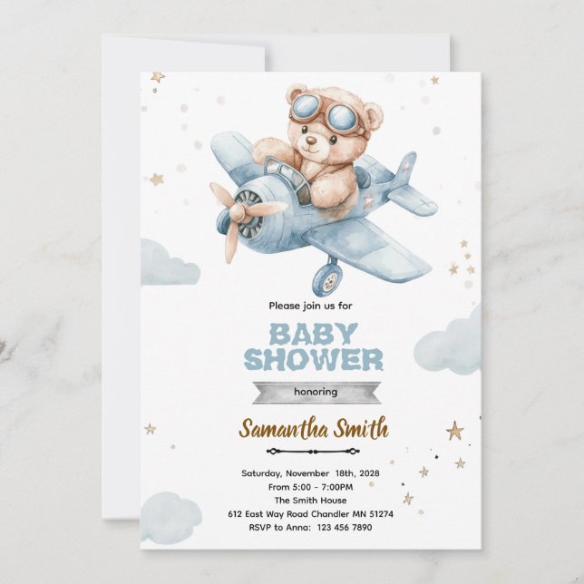 Flugzeug Bär Baby Shower Einladung (Vorderseite)