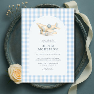 Flugzeug Blau Gingham Jungen Baby-Party Einladung