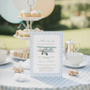 Flugzeug Blaukariertes Babyshower-Einladung Einladung