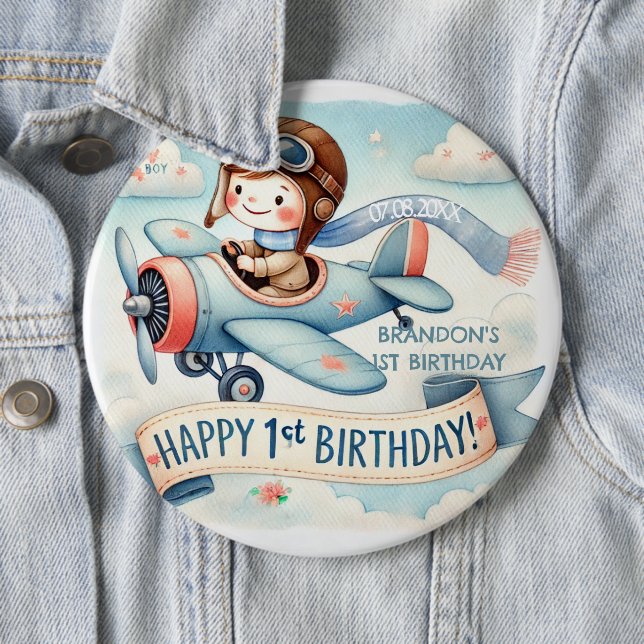 Flugzeug Boy 1. Geburtstag Party Button (Beispiel)