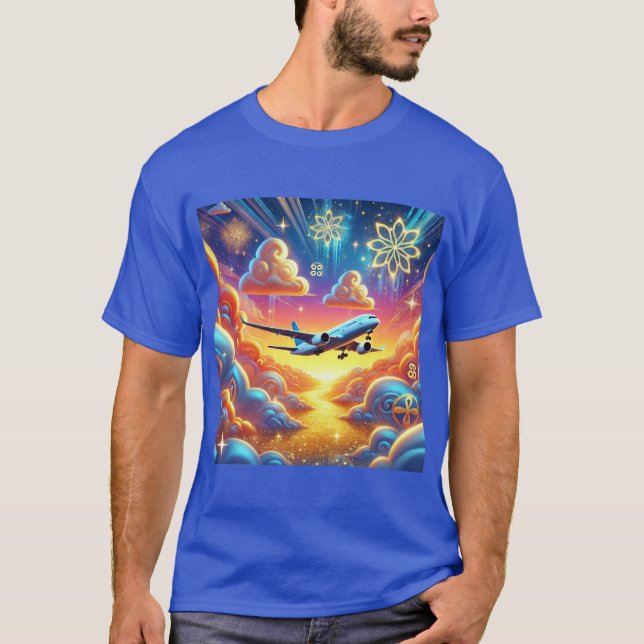 Flugzeug, das durch den farbenfrohen Himmel fliegt T-Shirt (Vorderseite)