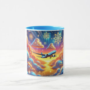 Flugzeug, das durch den farbenfrohen Himmel fliegt Tasse