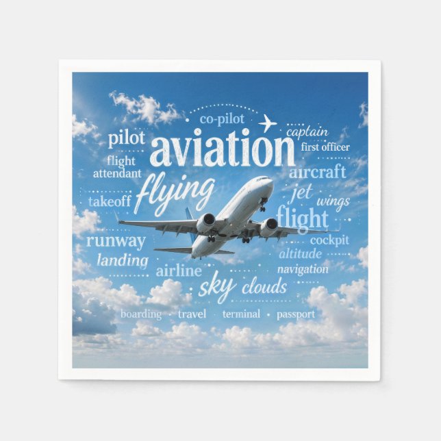 Flugzeug fliegt in einer Wortwolke Serviette (Vorderseite)