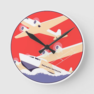 Flugzeug Flug Vintage WPA Farbige Runde Wanduhr