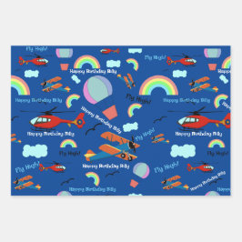 Flugzeug Heißluftballon hinzufügen Boy's Name Gebu Geschenkpapier Set