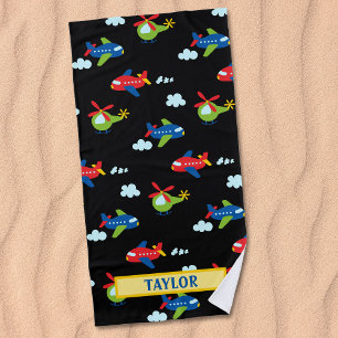 Flugzeug Hubschrauber & Clouds Artwork auf Schwarz Strandtuch