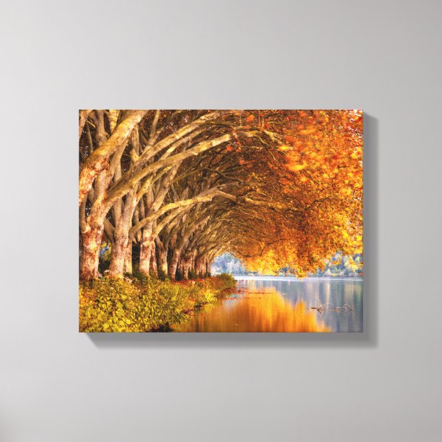 Flugzeug im Herbst über einem See Leinwanddruck (Vorderseite)