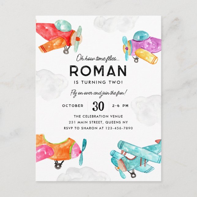 Flugzeug in Aquarellen Wolken Sky Kid Flugzeug Geb Postkarte (Vorderseite)