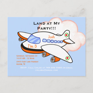 Flugzeug Land bei meiner Geburtstagsparty Blauer E Einladungspostkarte