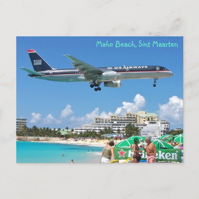 Flugzeug Landung über Maho Beach, Sint Maarten, SX Postkarte (Vorderseite)