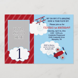 Flugzeug Little Aviator Red & Navy Foto Geburtstag Einladung