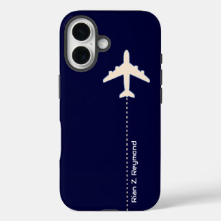 Flugzeug mit gepunkteter Linie auf dunkelblau iPhone 16 Hülle