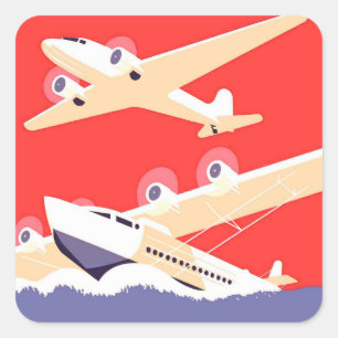 Flugzeug mit Vintagem WPA farbenfroh Quadratischer Aufkleber