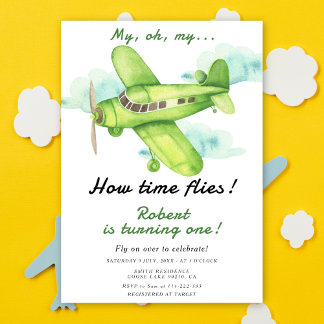 Flugzeug Oh meine Zeit fliegt am ersten Geburtstag Einladung