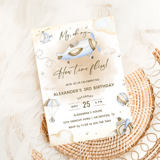 Flugzeug Oh meine Zeit fliegt Reisen 3. Geburtstag Einladung