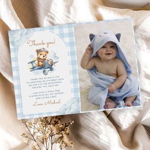 Flugzeug Teddy Bear Blue 1. Geburtstag Foto Dankeskarte