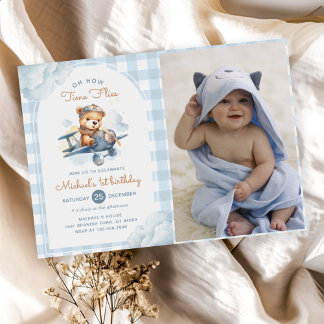 Flugzeug Teddy Bear Blue Time Fliegt Birthday Foto Einladung