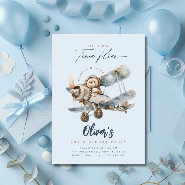 Flugzeug Teddy Bear Blue Time Fliegt Geburtstag Einladung (Von Creator hochgeladen)