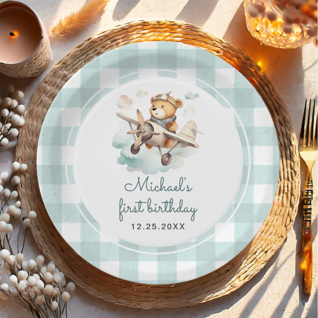 Flugzeug Teddy Bear Pastel Gingham 1. Geburtstag Pappteller (Von Creator hochgeladen)