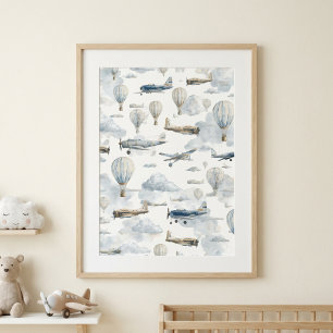 Flugzeug-Wandkunst, Vintage-Nursery-Dekor, Blau Poster