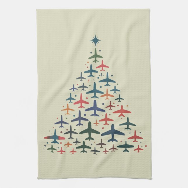 Flugzeug Weihnachtsbaum Retro Pilot Fliegen Flug  Geschirrtuch (Vertikal)