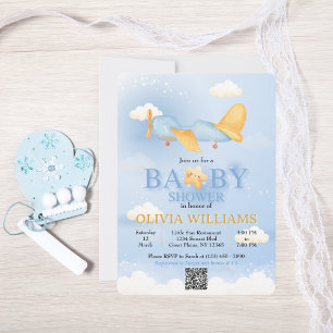 Flugzeug, Wolken & Sterne, Blau, Baby Boy, Niedlic Einladung