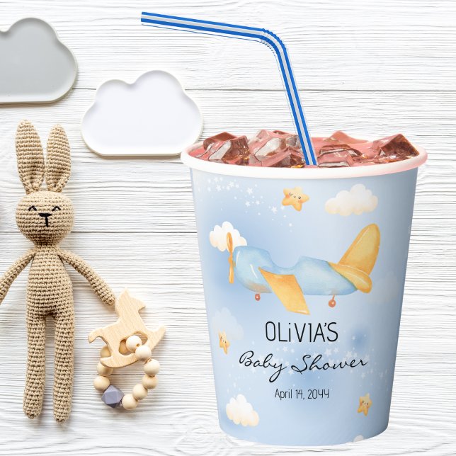 Flugzeug, Wolken & Sterne, Blau, Baby Boy, Niedlic Pappbecher (Von Creator hochgeladen)