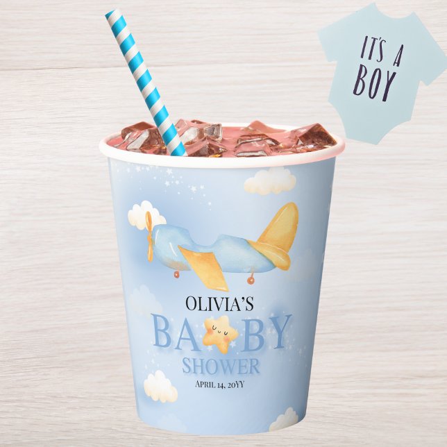 Flugzeug, Wolken & Sterne, Blau, Baby Boy, Niedlic Pappbecher (Von Creator hochgeladen)