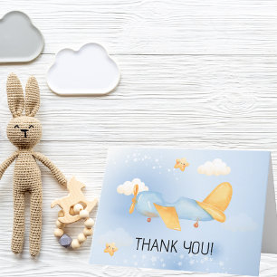 Flugzeug,Wolken & Sterne, Blau, Baby Junge, Süß Dankeskarte