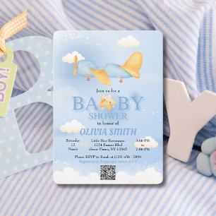 Flugzeug, Wolken & Sterne, Blau, Baby Junge, Süß Einladung
