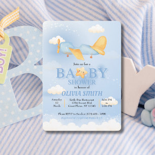 Flugzeug, Wolken & Sterne, Blau, Baby Junge, Süß Einladung