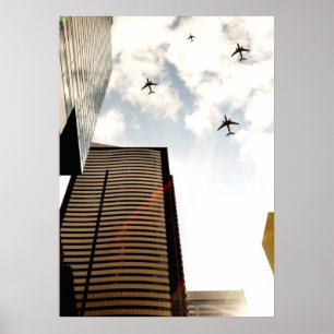 Flugzeuge, die über Gebäude fliegen Poster