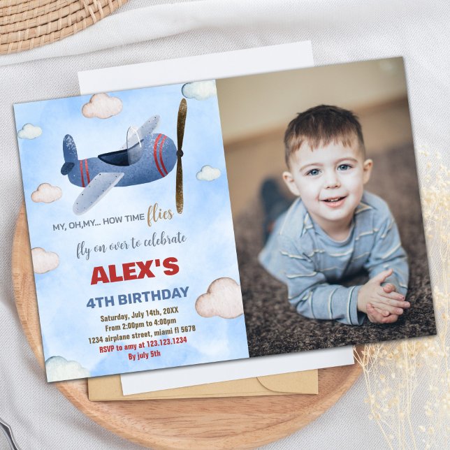 Flugzeuge Einladung zum Geburtstag Blue Red mit Fo (Airplane Birthday Invitations Blue Red With photo)