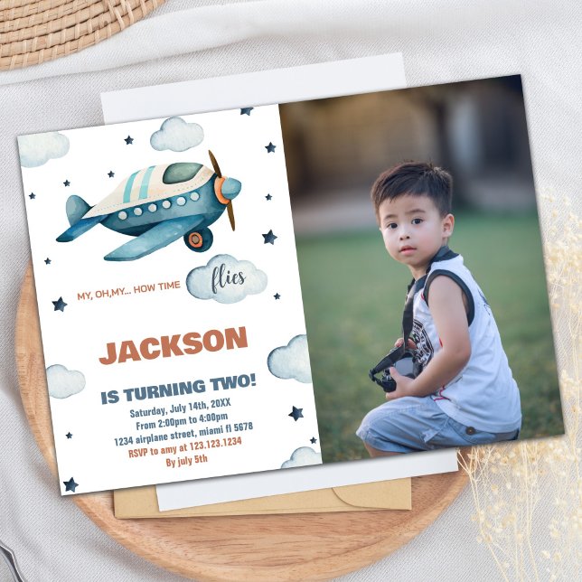 Flugzeuge Einladungen zum Geburtstag blau mit Foto (Airplane Birthday Invitations Blue With Photo)