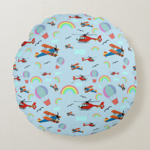 Flugzeuge und Rainbows Blue Rundes Kissen