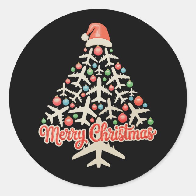 Flugzeuge Weihnachtsbaum Pilot Xmas Urlaubsfamilie Runder Aufkleber (Vorderseite)