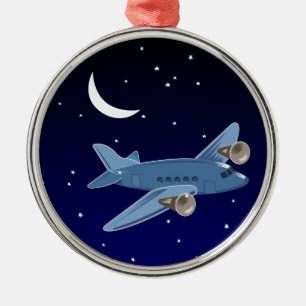 Flugzeugfliegen nachts mit Mond u. Sternen. Pilot Silbernes Ornament