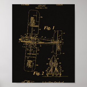 Flugzeugpatent 1925 Schwarze Gold Wandkunst Poster