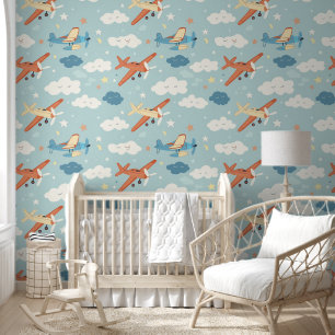 Flugzeugsteine und Cloud Pattern Baby Kinderzimmer Tapete